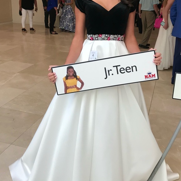 Tiffany Designs Black Velvet and White Satin Prom Dress - Picture 6 of 7